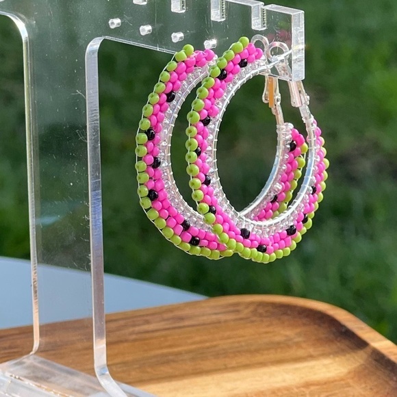 Watermelon Sea Bead Hoop Earrings - Picture 1 of 4